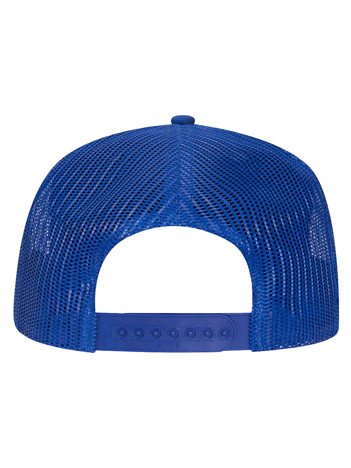 Back view of the royal blue Otto 5 Panel Trucker Hat showcasing an adjustable snapback closure and breathable mesh design for a comfortable fit.