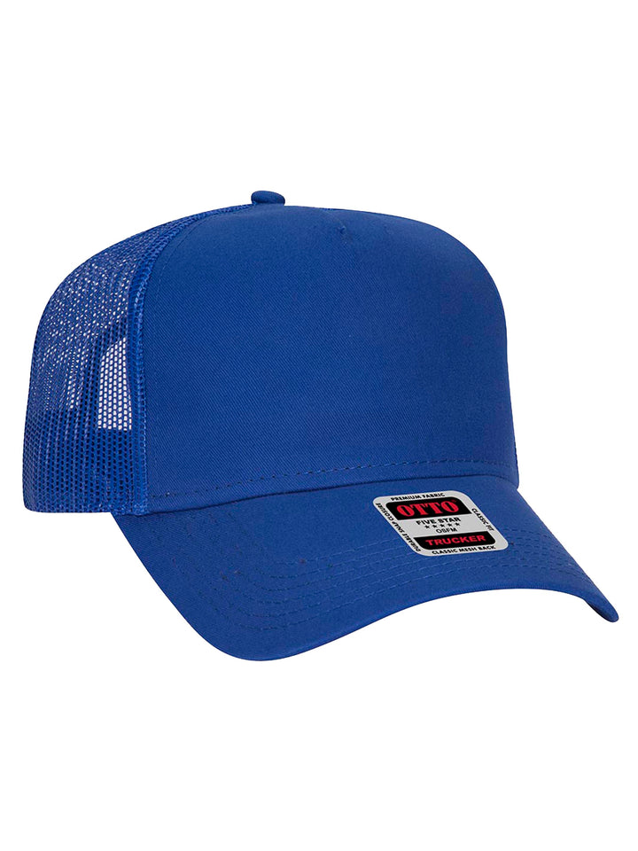 Custom Otto 5 Panel Trucker Hat in royal blue with a structured front panel and breathable mesh back. Ideal for embroidery or patch customization.