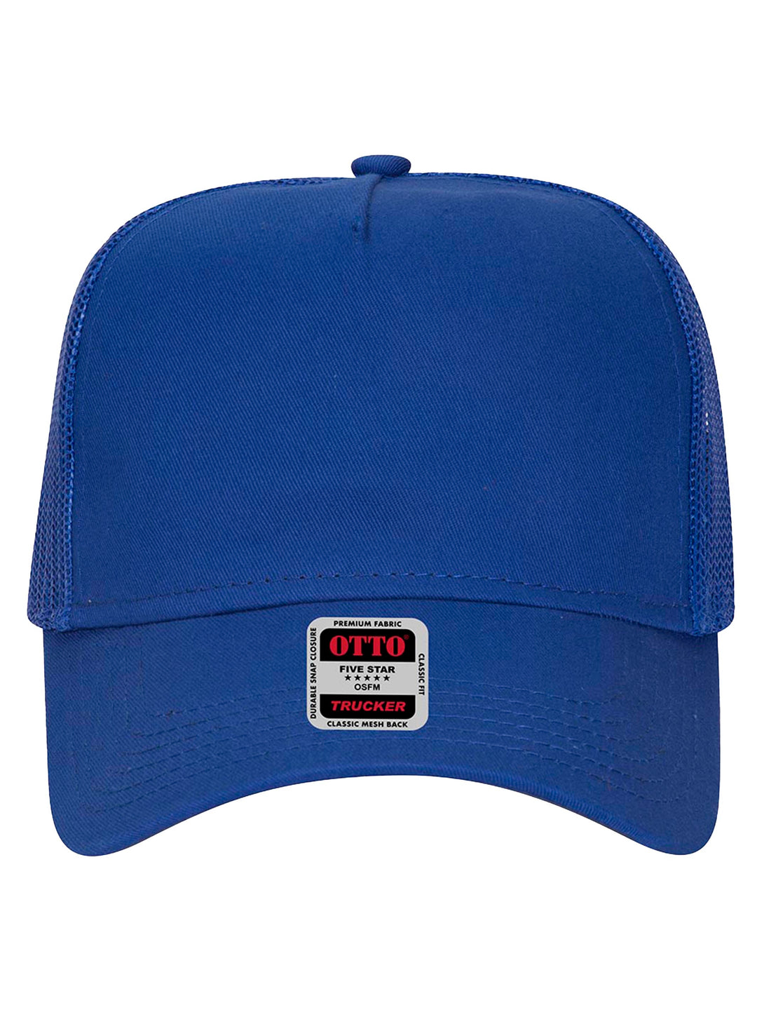 Front view of the royal blue Otto 5 Panel Trucker Hat featuring a structured panel and mesh back. Perfect for custom branding or casual wear.