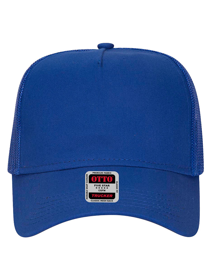 Front view of the royal blue Otto 5 Panel Trucker Hat featuring a structured panel and mesh back. Perfect for custom branding or casual wear.