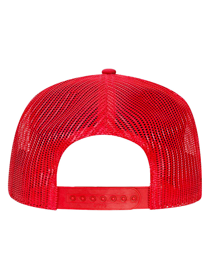 Back view of the red Otto 5 Panel Trucker Hat showcasing an adjustable snapback closure and breathable mesh design for a comfortable fit.