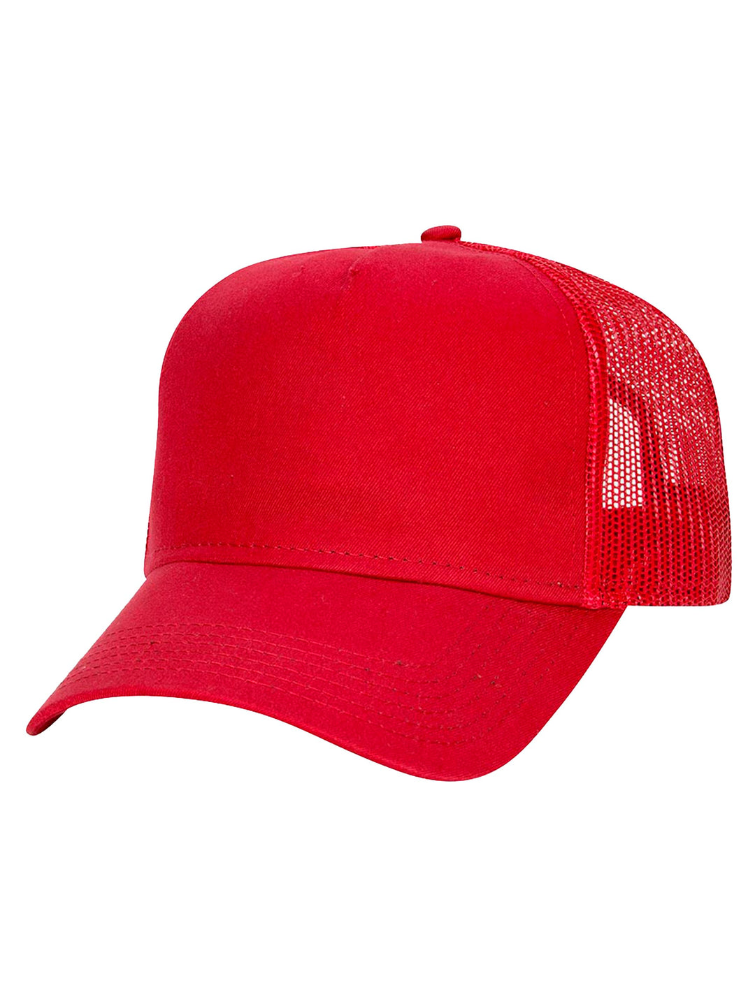 Front-left view of the red Otto 5 Panel Trucker Hat, highlighting its structured low-profile design and breathable mesh back for all-day comfort.