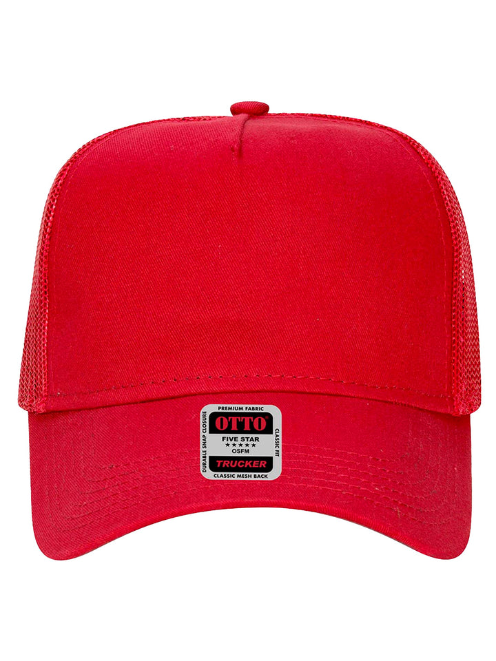 Front view of the red Otto 5 Panel Trucker Hat with a structured panel and mesh back. Ideal for custom embroidery or patch personalization.