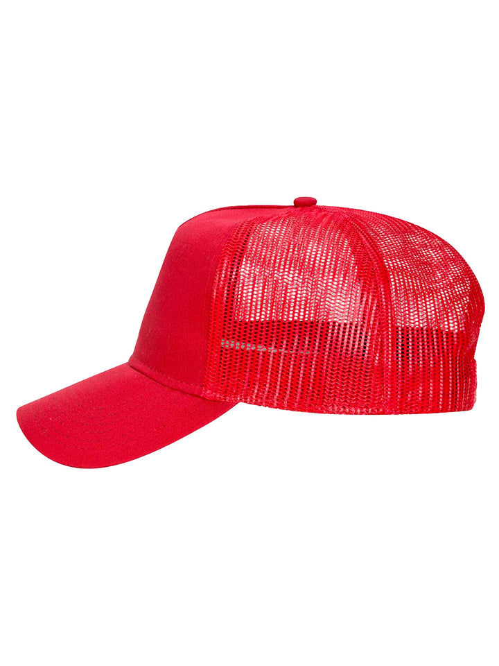 Side angle of the red Otto 5 Panel Trucker Hat with a structured front and mesh back. Great for custom embroidery or patch customization.