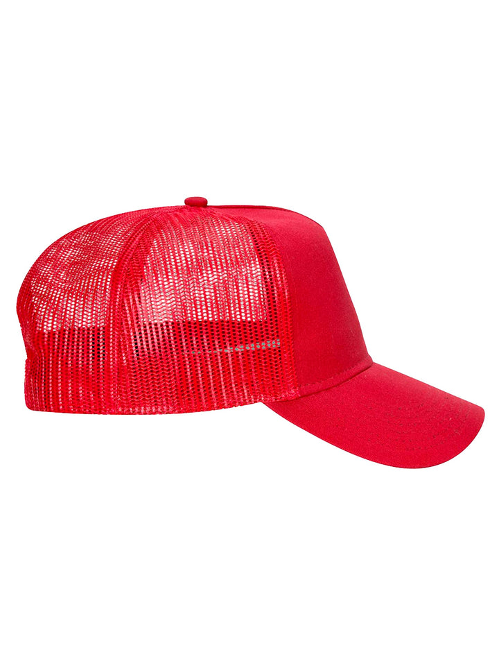 Side view of the red Otto 5 Panel Trucker Hat featuring a structured front and mesh back for ventilation. Perfect for custom branding or casual wear.