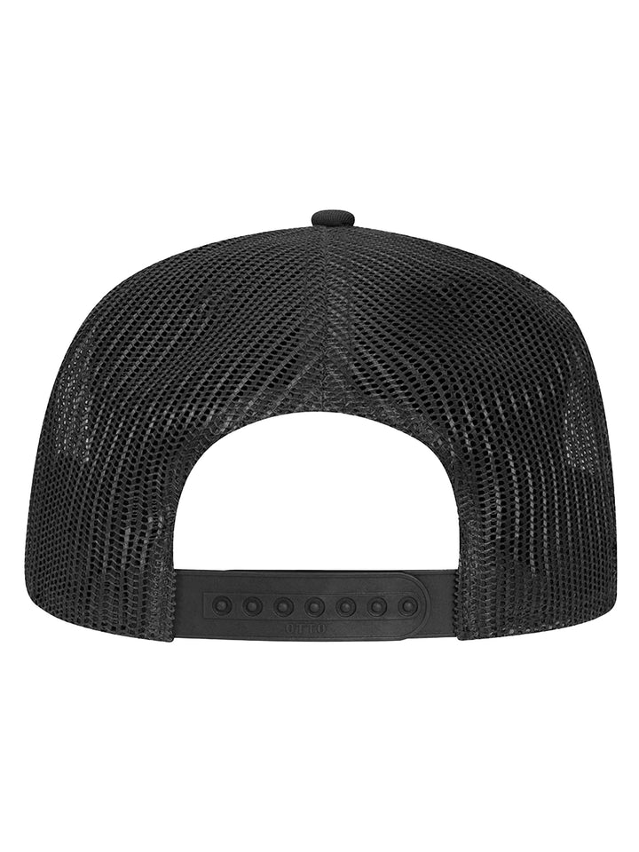 Back view of the black Otto 5 Panel Trucker Hat showcasing an adjustable snapback closure and breathable mesh design for a comfortable fit.