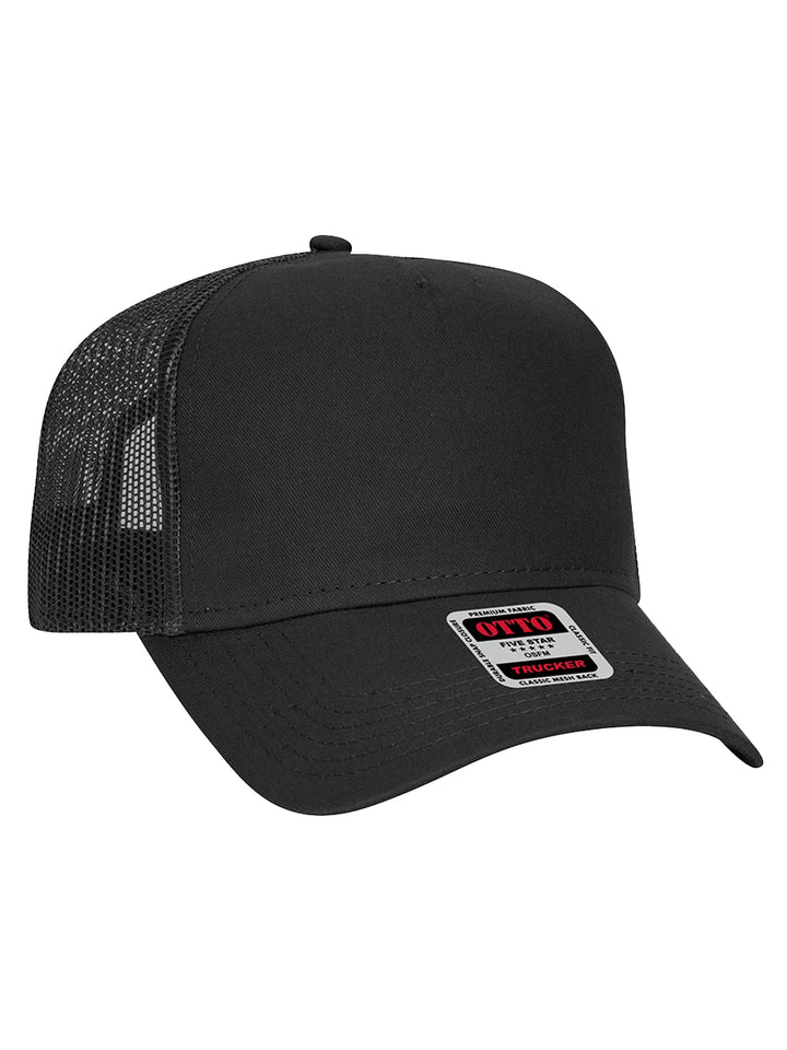 Custom Otto 5 Panel Trucker Hat in black with a structured front panel and breathable mesh back. Ideal for embroidery or patch customization.