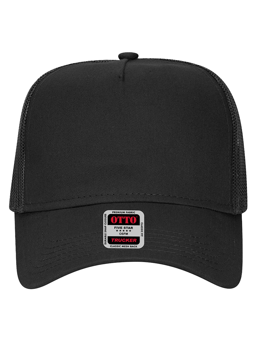 Front view of the black Otto 5 Panel Trucker Hat featuring a structured panel and mesh back. Perfect for custom branding or casual wear.
