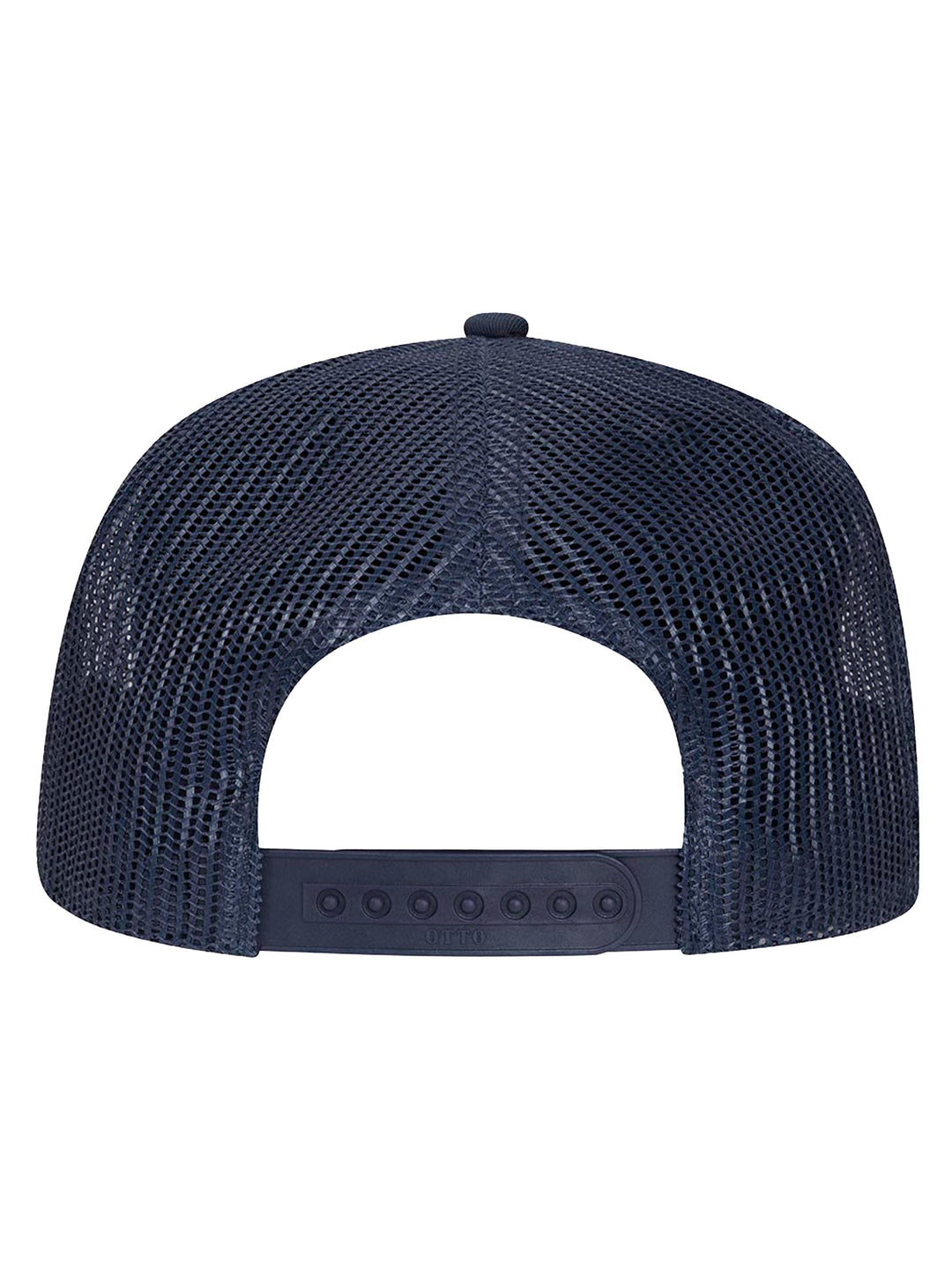 Back view of the navy blue Otto 5 Panel Trucker Hat showcasing an adjustable snapback closure and breathable mesh design for a comfortable fit.