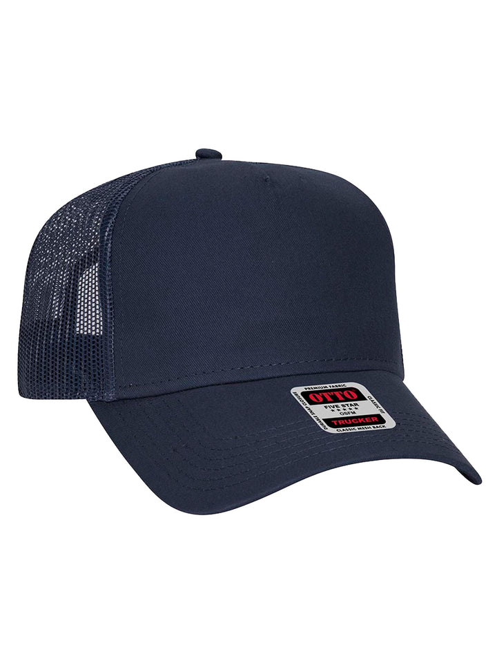 Custom Otto 5 Panel Trucker Hat in navy blue with a structured front panel and breathable mesh back. Ideal for embroidery or patch customization.