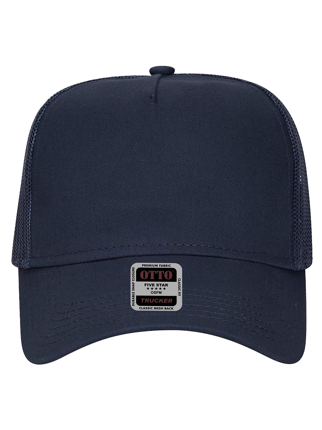 Front view of the navy blue Otto 5 Panel Trucker Hat featuring a structured panel and mesh back. Perfect for custom branding or casual wear.