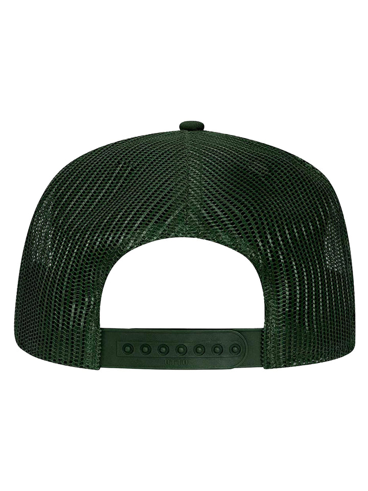 Back view of the forest green Otto 5 Panel Trucker Hat showcasing an adjustable snapback closure and breathable mesh design for a comfortable fit.
