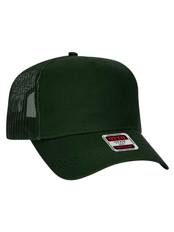 Custom Otto 5 Panel Trucker Hat in forest green with a structured front panel and breathable mesh back. Ideal for embroidery or patch customization.