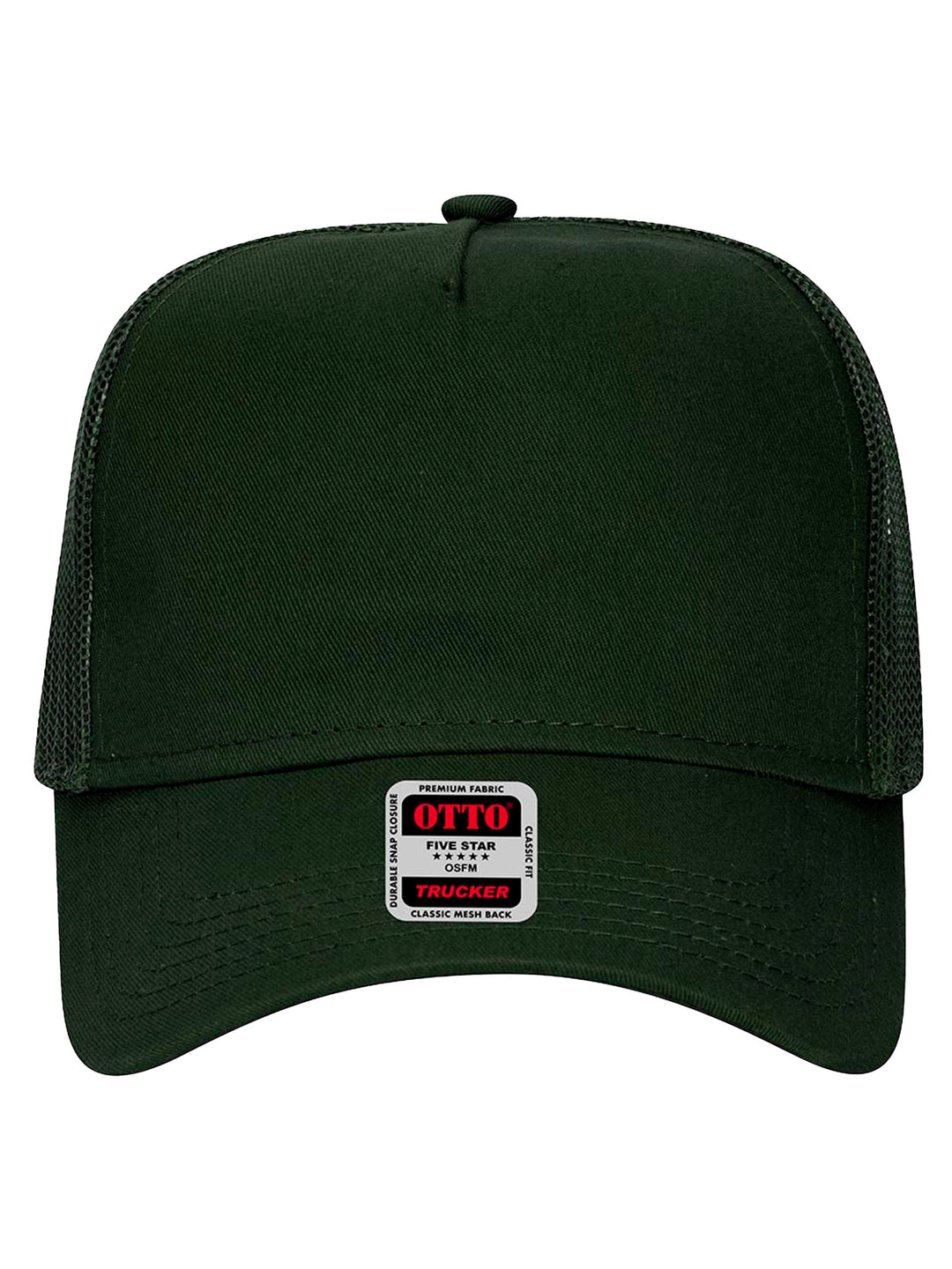 Front view of the forest green Otto 5 Panel Trucker Hat featuring a structured panel and mesh back. Perfect for custom branding or casual wear.