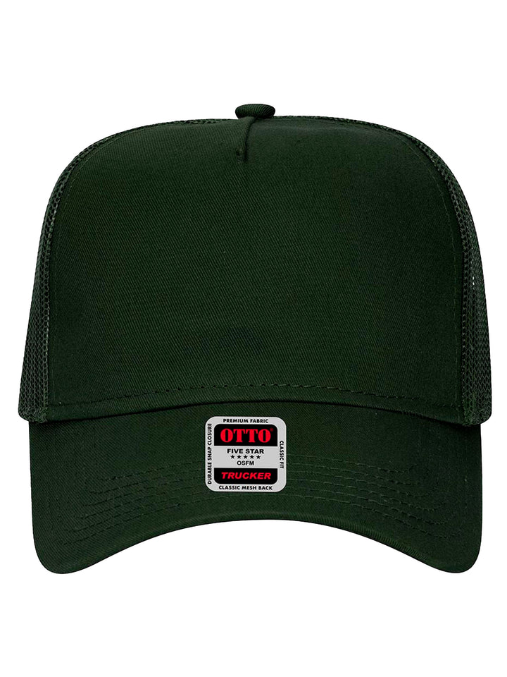 Front view of the forest green Otto 5 Panel Trucker Hat featuring a structured panel and mesh back. Perfect for custom branding or casual wear.
