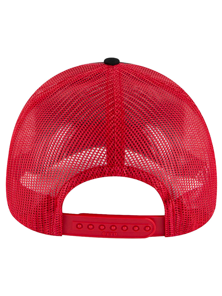 Back view of the black and red Otto 5 Panel Trucker Hat showcasing an adjustable snapback closure and breathable mesh design for a comfortable fit.