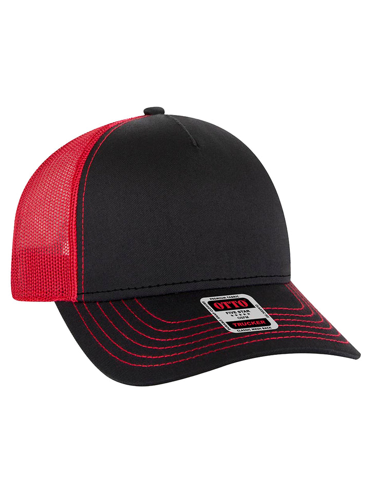 Custom Otto 5 Panel Trucker Hat in black with red mesh back and contrast stitching. Features a structured front panel for custom embroidery or patches.