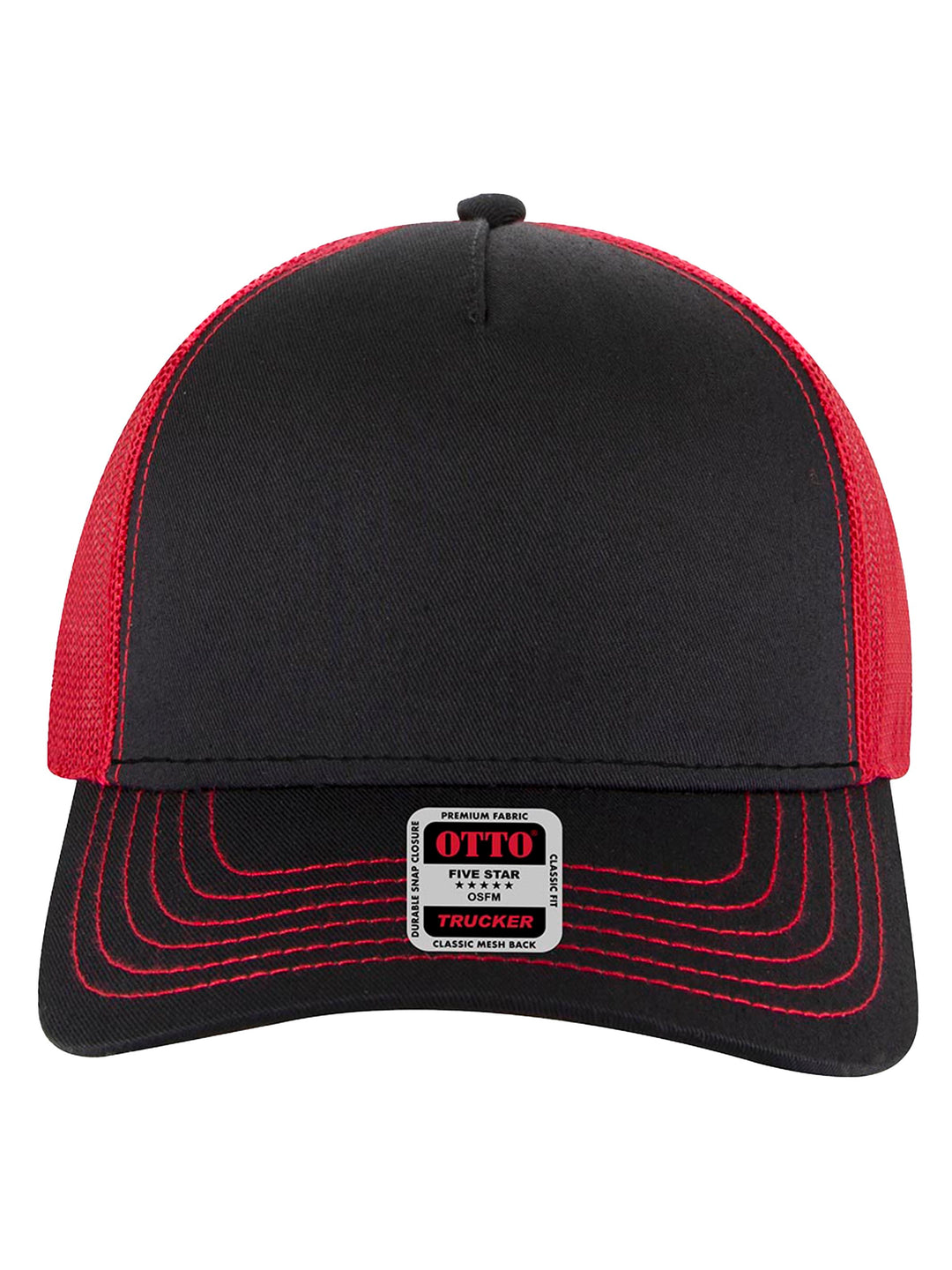 Front view of the black and red Otto 5 Panel Trucker Hat with contrast stitching and breathable mesh back. Ideal for custom branding or casual wear.