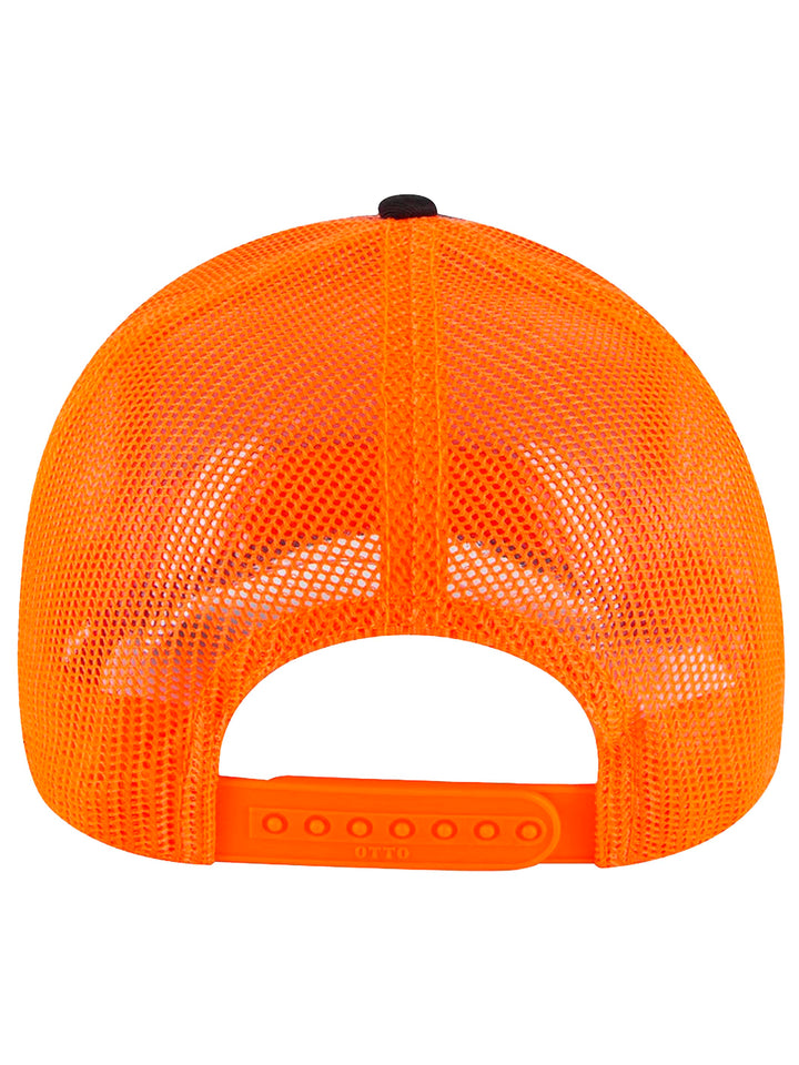 Back view of the black and orange Otto 5 Panel Trucker Hat showcasing an adjustable snapback closure and breathable mesh design for a comfortable fit.