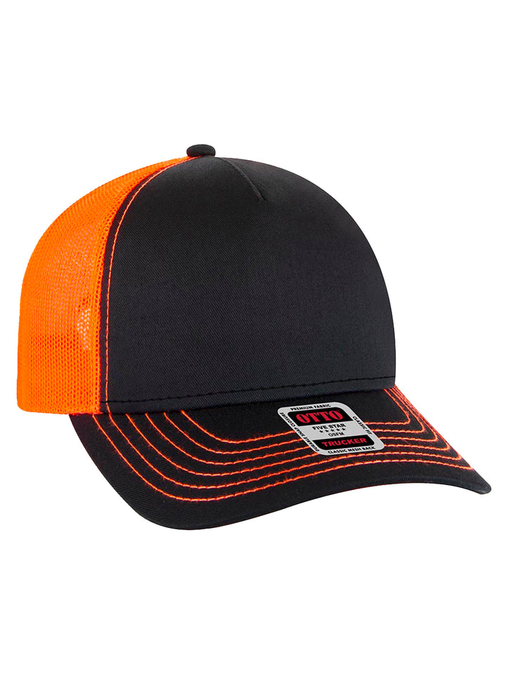 Custom Otto 5 Panel Trucker Hat in black with orange mesh back and contrast stitching. Features a structured front panel for custom embroidery or patches.