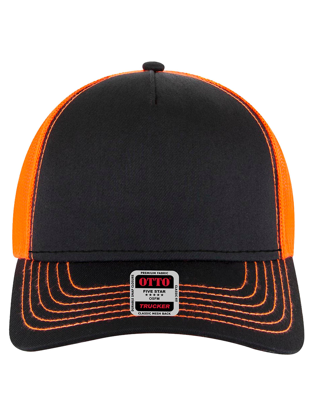 Front view of the black and orange Otto 5 Panel Trucker Hat with contrast stitching and breathable mesh back. Ideal for custom branding or casual wear.