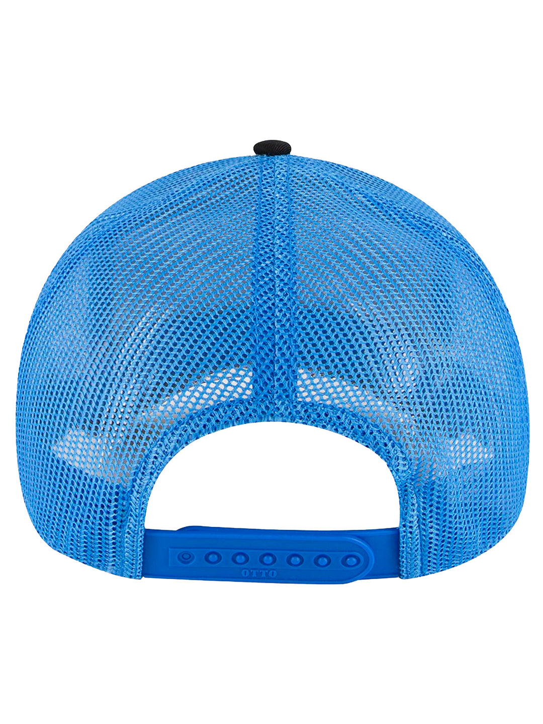 Back view of the black and blue Otto 5 Panel Trucker Hat showcasing an adjustable snapback closure and breathable mesh design for a comfortable fit.