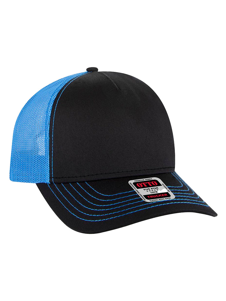 Custom Otto 5 Panel Trucker Hat in black with blue mesh back and contrast stitching. Features a structured front panel for custom embroidery or patches.