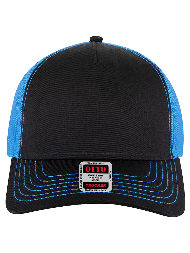 Front view of the black and blue Otto 5 Panel Trucker Hat with contrast stitching and breathable mesh back. Ideal for custom branding or casual wear.