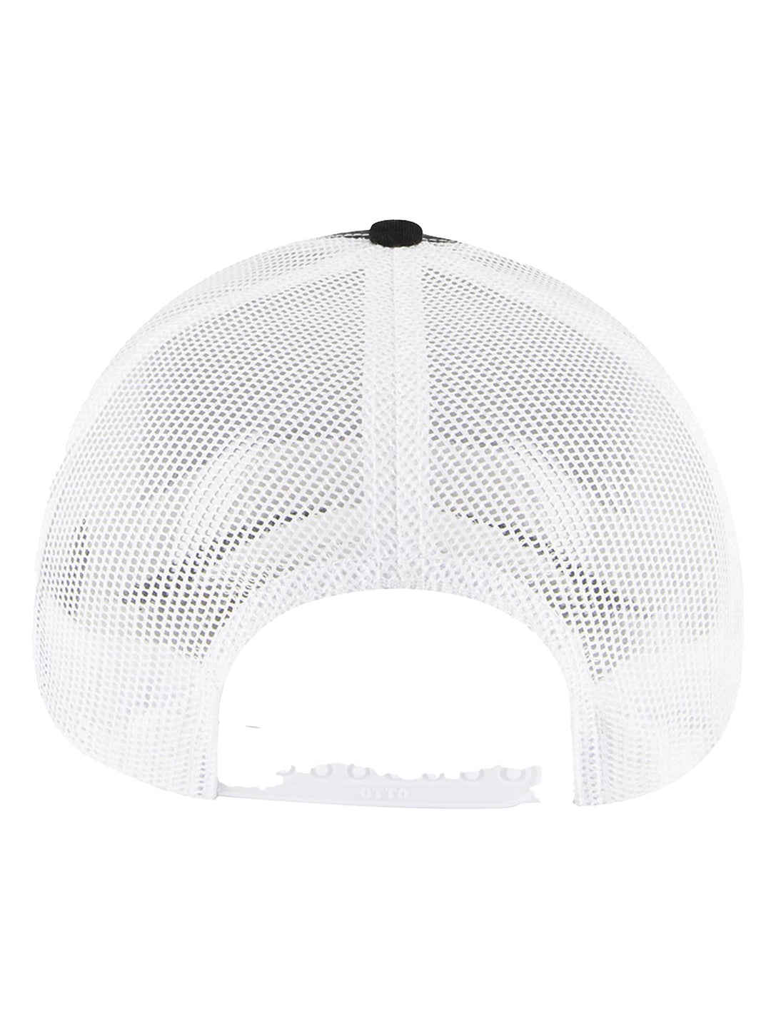 Back view of the black and white Otto 5 Panel Trucker Hat showcasing an adjustable snapback closure and breathable mesh design for a comfortable fit.