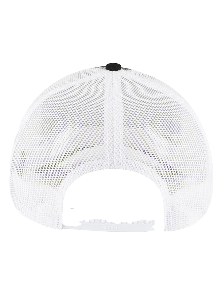 Back view of the black and white Otto 5 Panel Trucker Hat showcasing an adjustable snapback closure and breathable mesh design for a comfortable fit.
