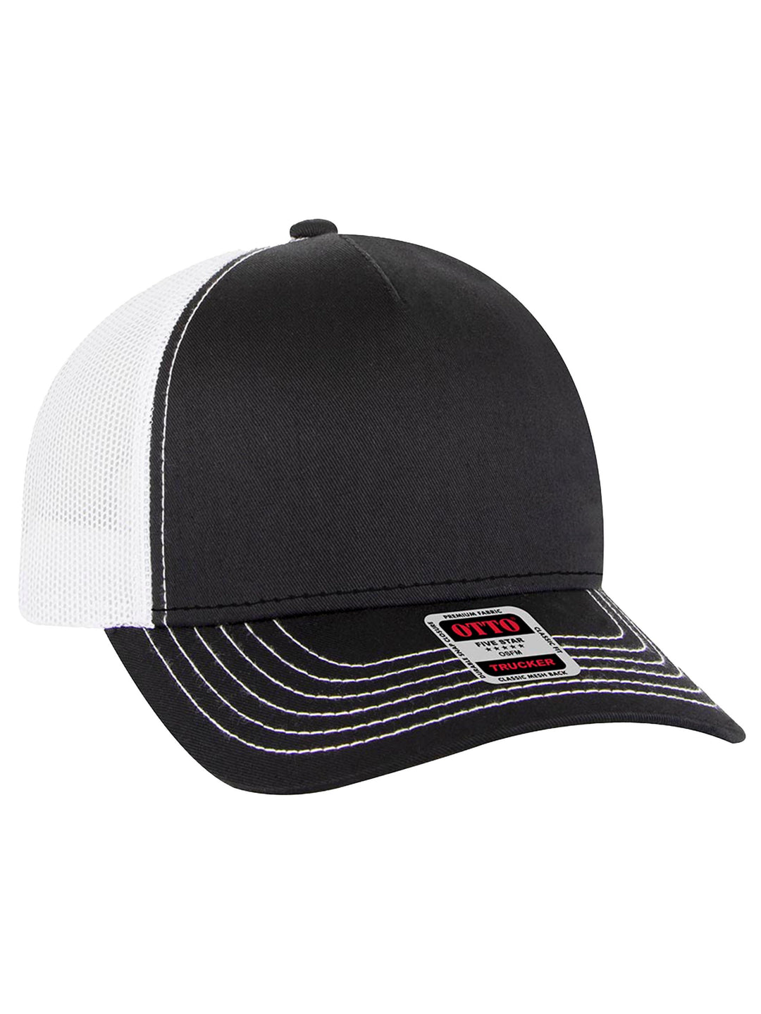 Custom Otto 5 Panel Trucker Hat in black with white mesh back and contrast stitching. Features a structured front panel for custom embroidery or patches.