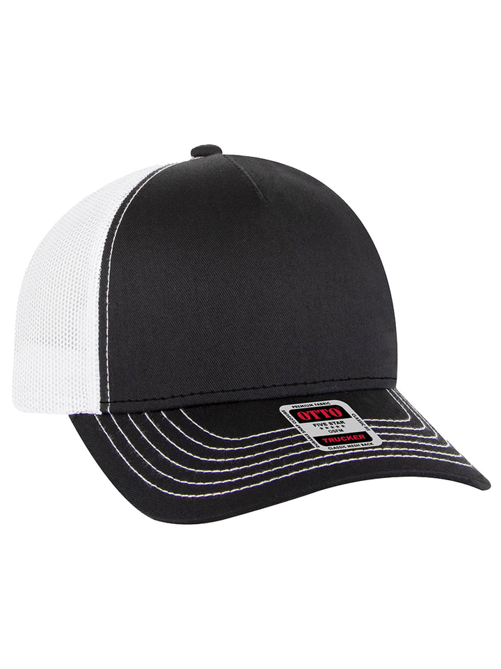 Custom Otto 5 Panel Trucker Hat in black with white mesh back and contrast stitching. Features a structured front panel for custom embroidery or patches.