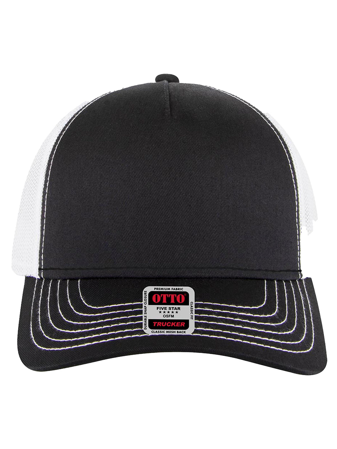 Front view of the black and white Otto 5 Panel Trucker Hat with contrast stitching and breathable mesh back. Ideal for custom branding or casual wear.