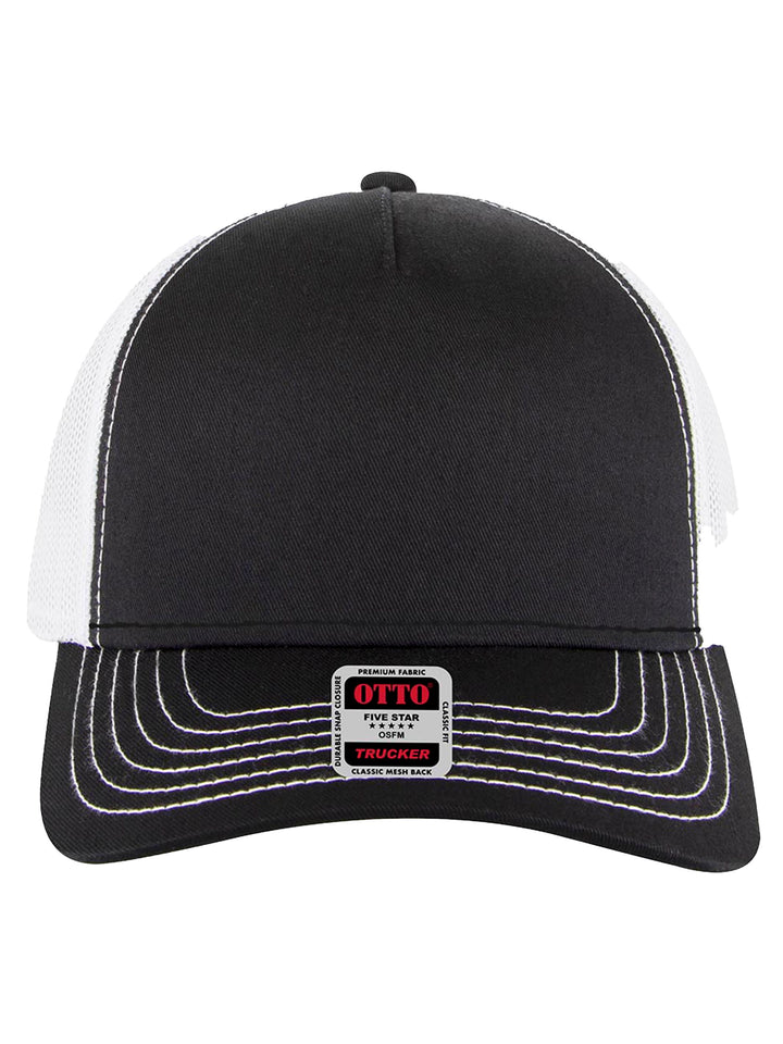 Front view of the black and white Otto 5 Panel Trucker Hat with contrast stitching and breathable mesh back. Ideal for custom branding or casual wear.