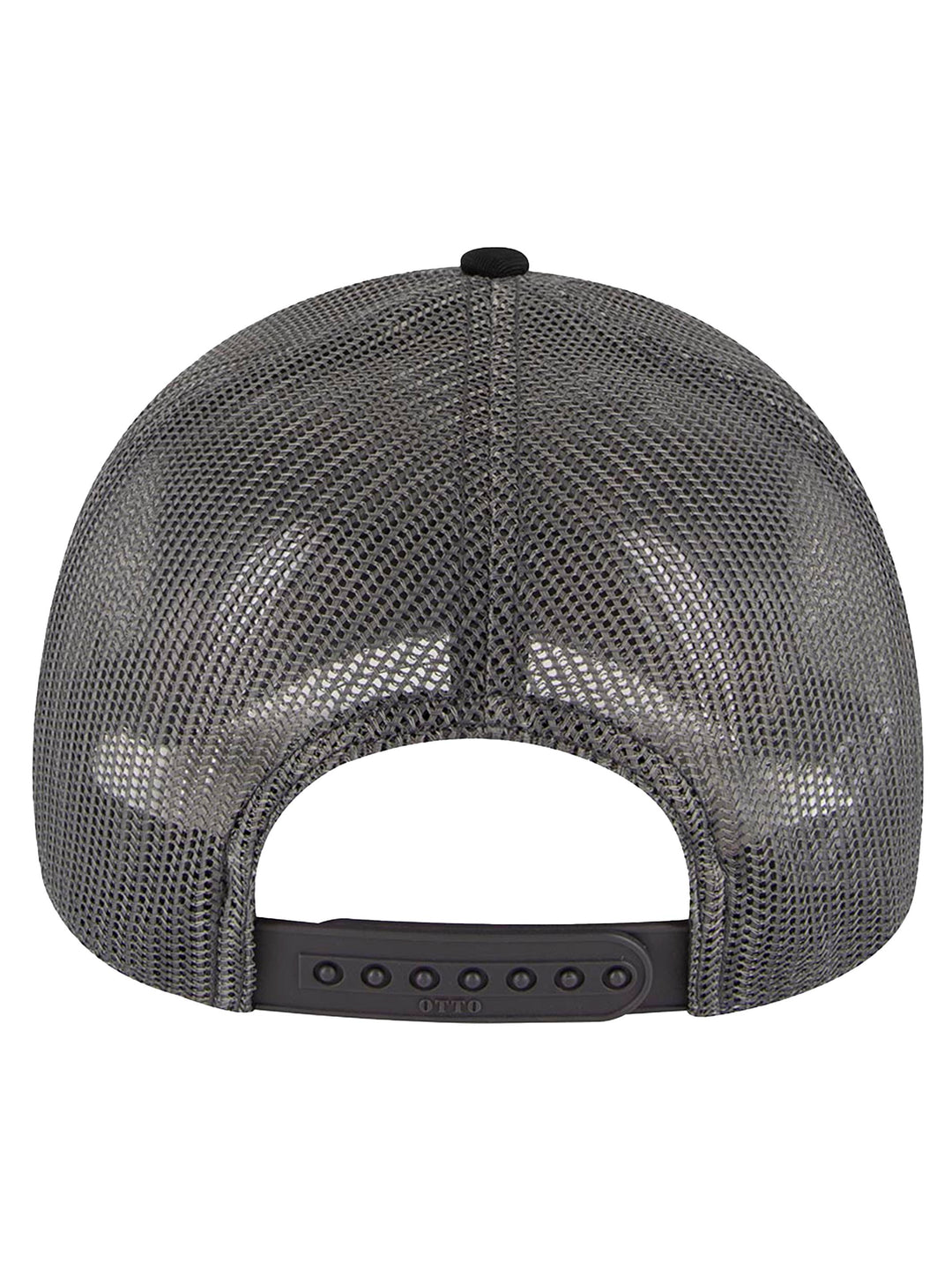 Back view of the black and gray Otto 5 Panel Trucker Hat showcasing an adjustable snapback closure and breathable mesh design for a comfortable fit.