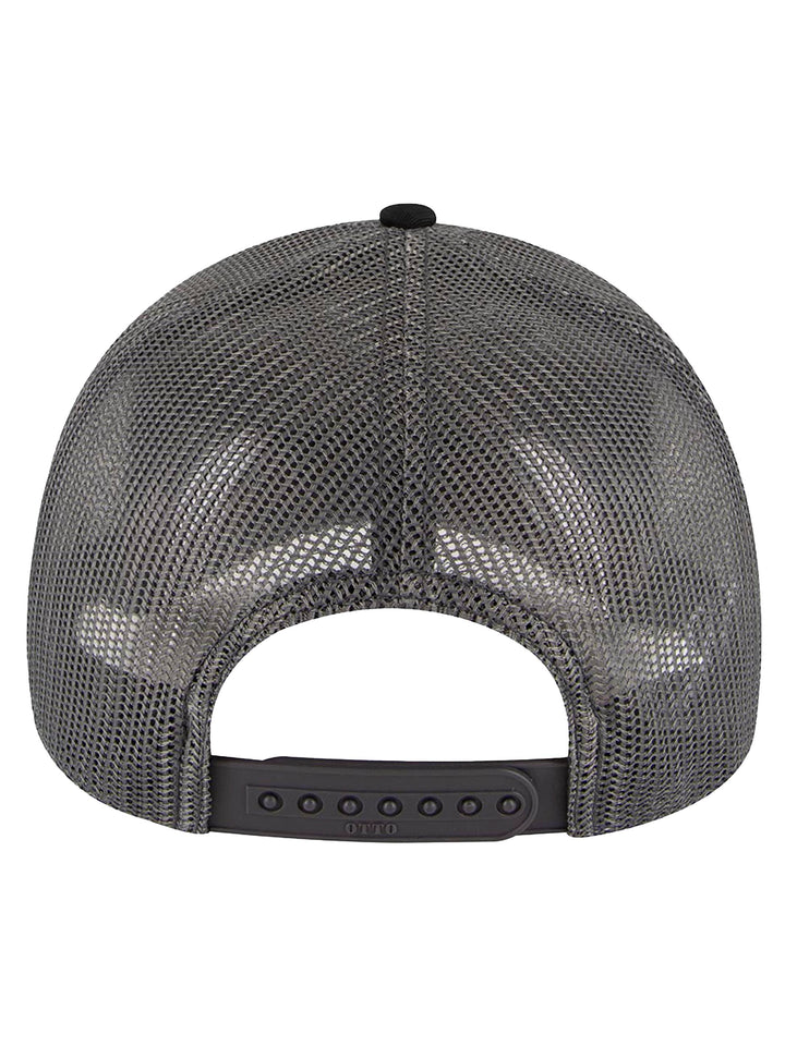 Back view of the black and gray Otto 5 Panel Trucker Hat showcasing an adjustable snapback closure and breathable mesh design for a comfortable fit.
