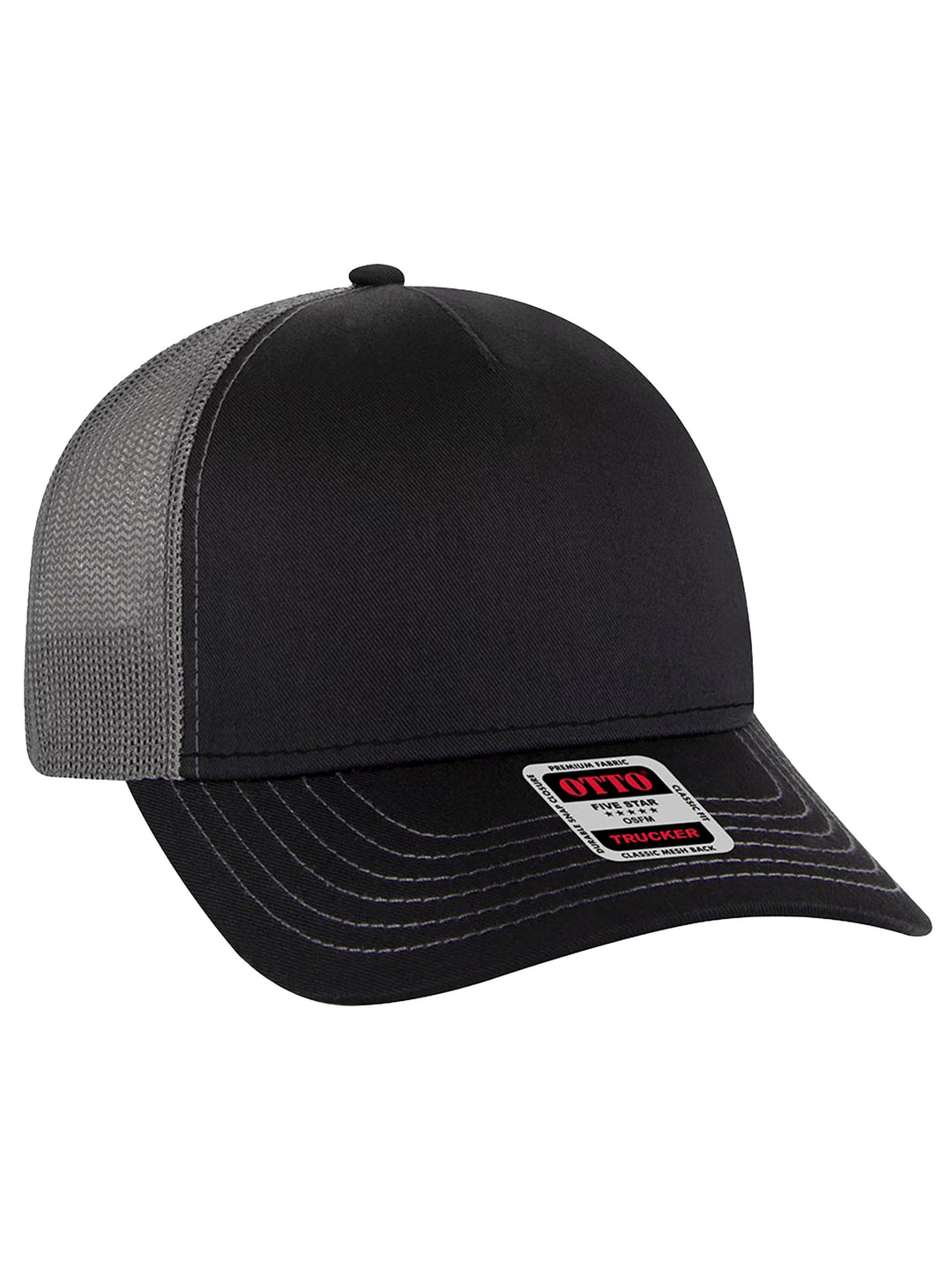 Custom Otto 5 Panel Trucker Hat in black with gray mesh back and contrast stitching. Features a structured front panel for custom embroidery or patches.