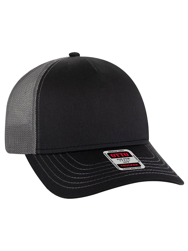Custom Otto 5 Panel Trucker Hat in black with gray mesh back and contrast stitching. Features a structured front panel for custom embroidery or patches.