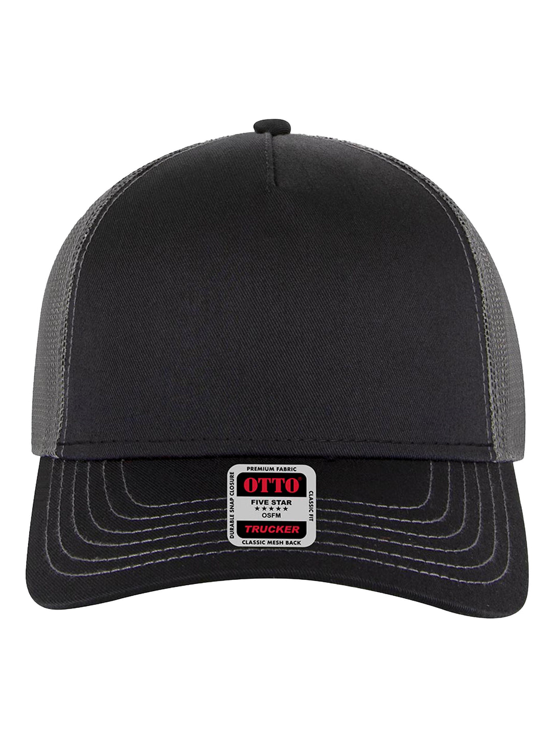 Front view of the black and gray Otto 5 Panel Trucker Hat with contrast stitching and breathable mesh back. Ideal for custom branding or casual wear.