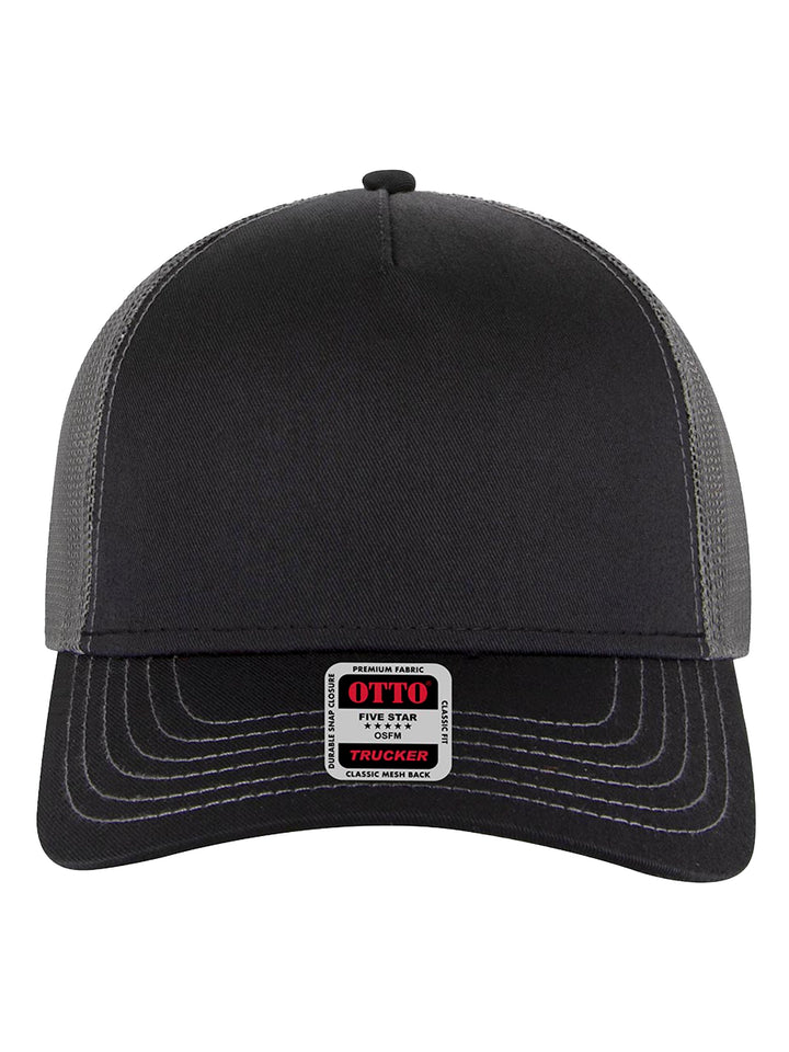 Front view of the black and gray Otto 5 Panel Trucker Hat with contrast stitching and breathable mesh back. Ideal for custom branding or casual wear.