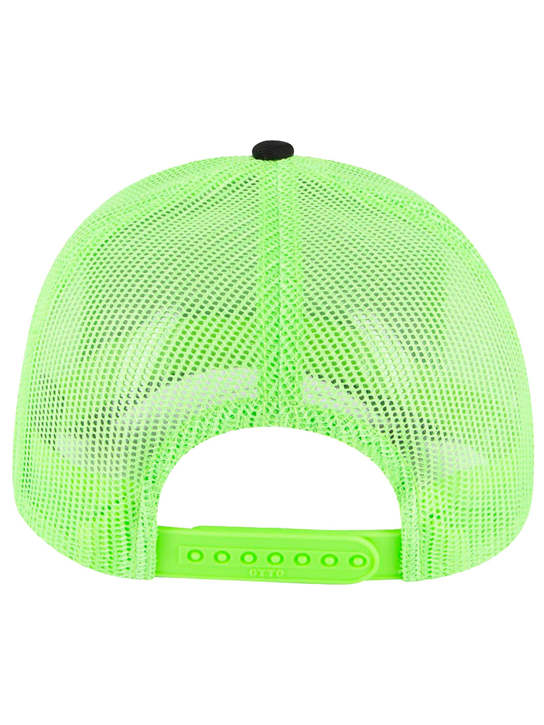 Back view of the black and neon green Otto 5 Panel Trucker Hat showcasing an adjustable snapback closure and breathable mesh design for a comfortable fit.