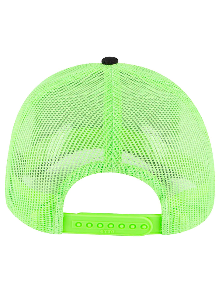 Back view of the black and neon green Otto 5 Panel Trucker Hat showcasing an adjustable snapback closure and breathable mesh design for a comfortable fit.