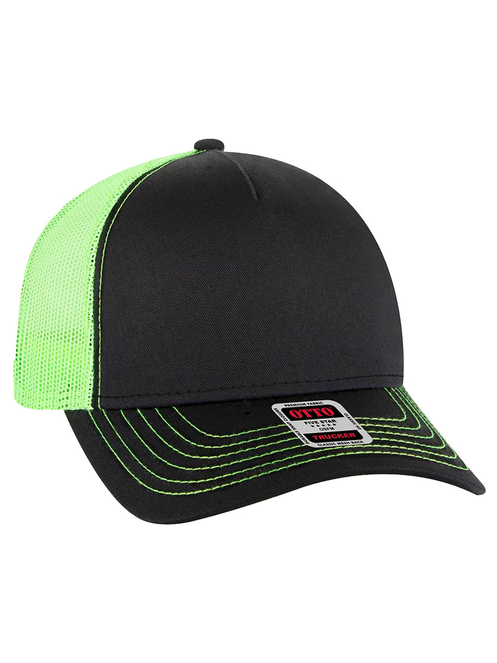 Custom Otto 5 Panel Trucker Hat in black with neon green mesh back and contrast stitching. Features a structured front panel for custom embroidery or patches.