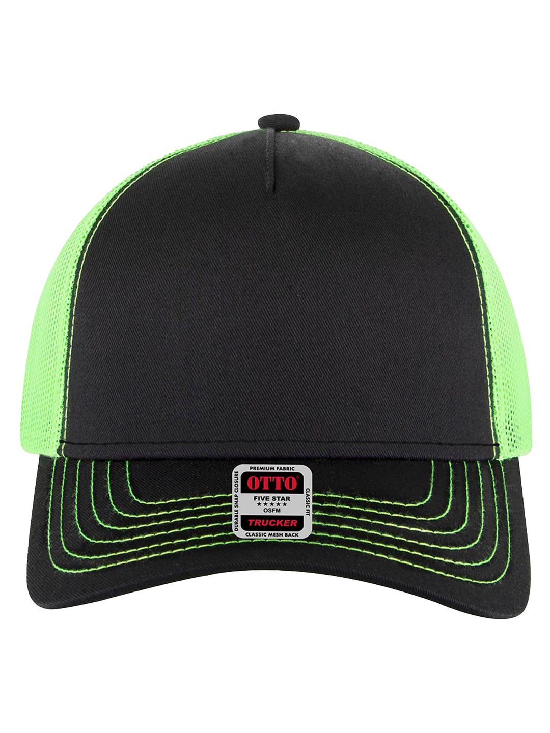 Front view of the black and neon green Otto 5 Panel Trucker Hat with contrast stitching and breathable mesh back. Ideal for custom branding or casual wear.