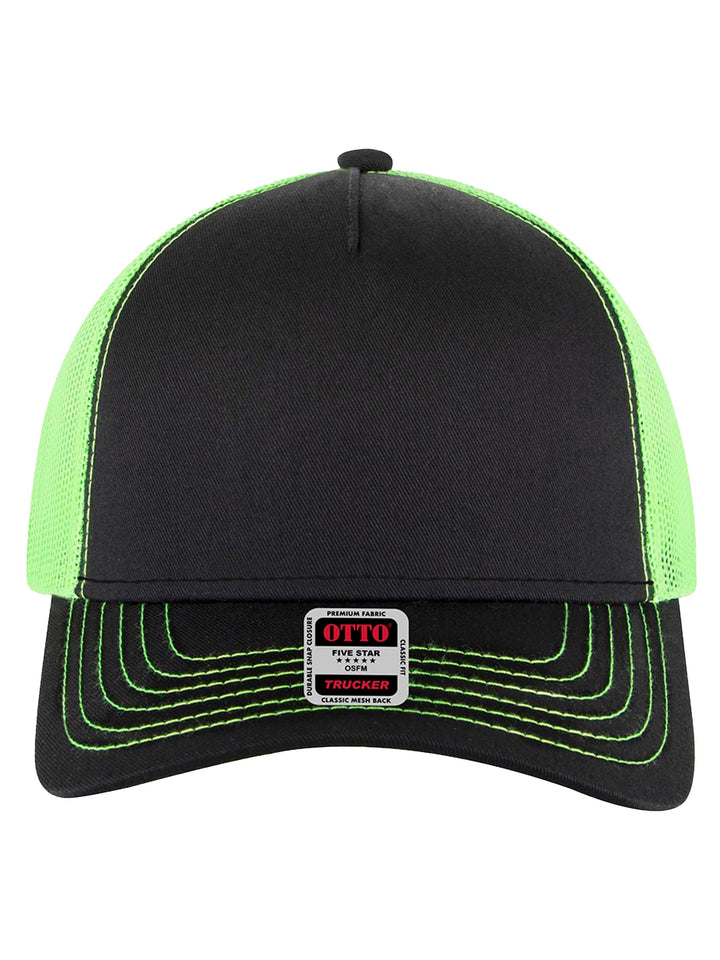 Front view of the black and neon green Otto 5 Panel Trucker Hat with contrast stitching and breathable mesh back. Ideal for custom branding or casual wear.