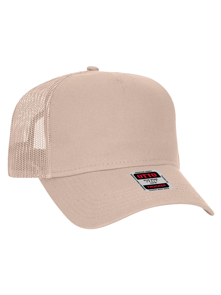 Custom Otto 5 Panel Trucker Hat in beige with a structured front panel and breathable mesh back. Ideal for embroidery or patch customization.