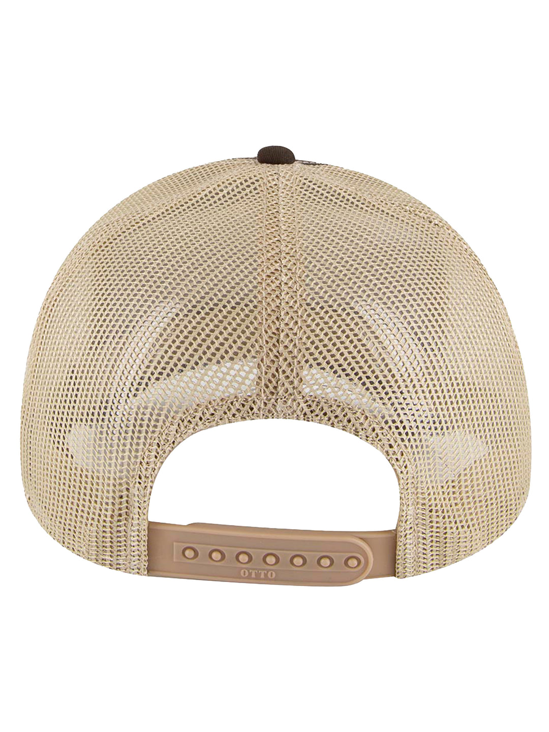 Back view of the brown Otto 5 Panel Trucker Hat with beige mesh and adjustable snapback closure for a secure and comfortable fit.