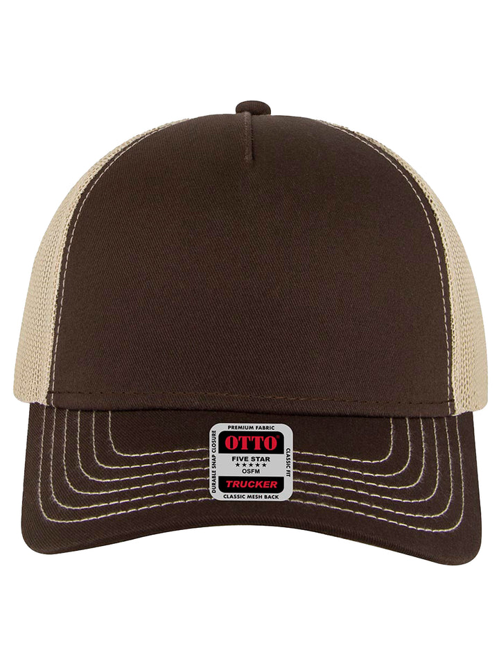 Front view of the brown Otto 5 Panel Trucker Hat with beige mesh back and structured panel. Perfect for custom embroidery or patch designs.