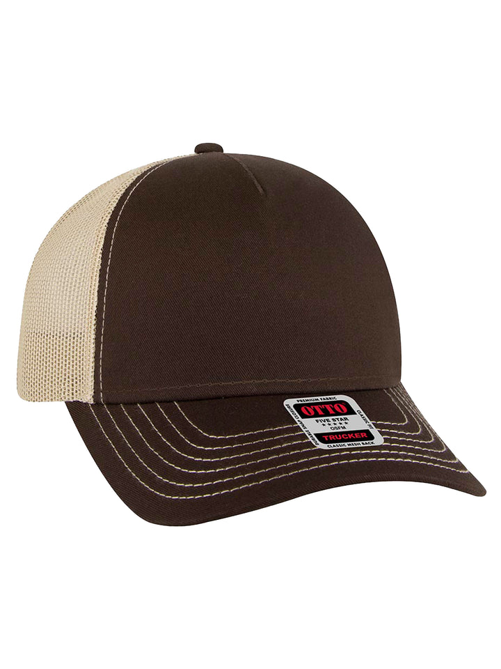 Custom Otto 5 Panel Trucker Hat in brown and beige with contrast stitching. Features a structured front panel and breathable mesh back for comfort.
