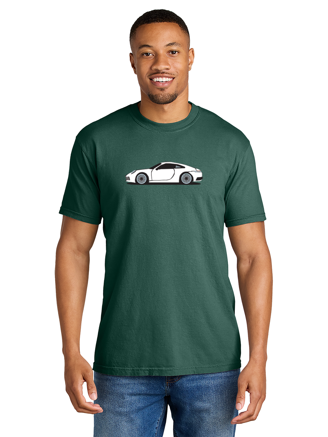 Green Porsche t-shirt featuring a white Porsche car graphic on the front. Customize your Porsche tee at Kavy's Customs. No minimum orders.